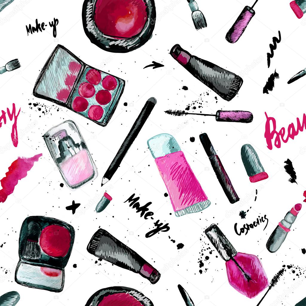 Vector glamorous make up seamless pattern with nail polish and lipstick.Creative design for card, web background, book cover. EPS10