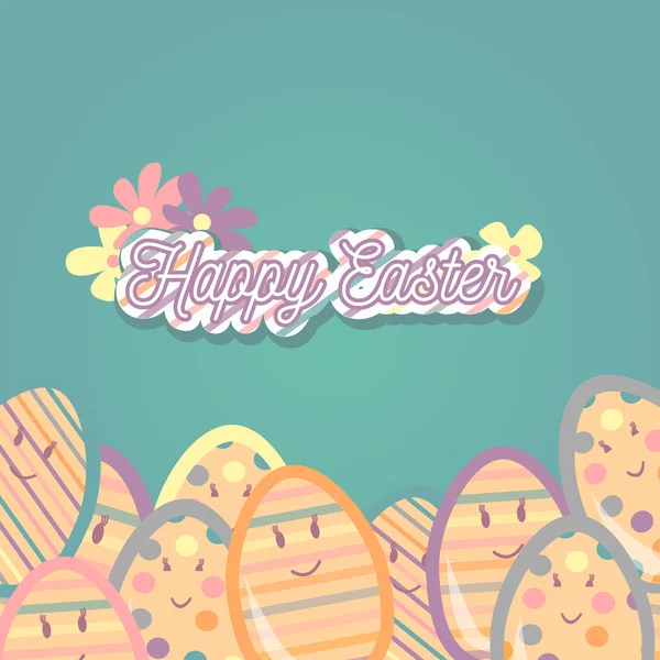 Tarjeta de felicitación feliz Pascua con huevos sonreír caras y letras. Concepto vectorial para sitios web y materiales impresos en estilo de dibujos animados . — Vector de stock