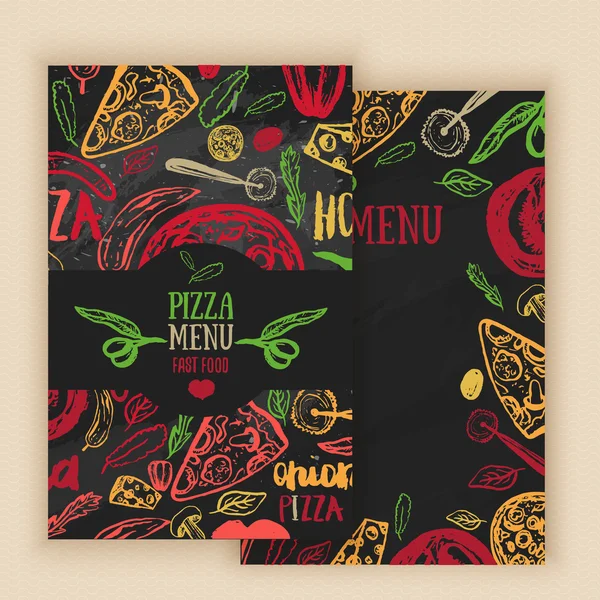 Menu de pizza com azeitonas, palavras, tomates e fatias no fundo escuro para banners, papel de embrulho . — Vetor de Stock