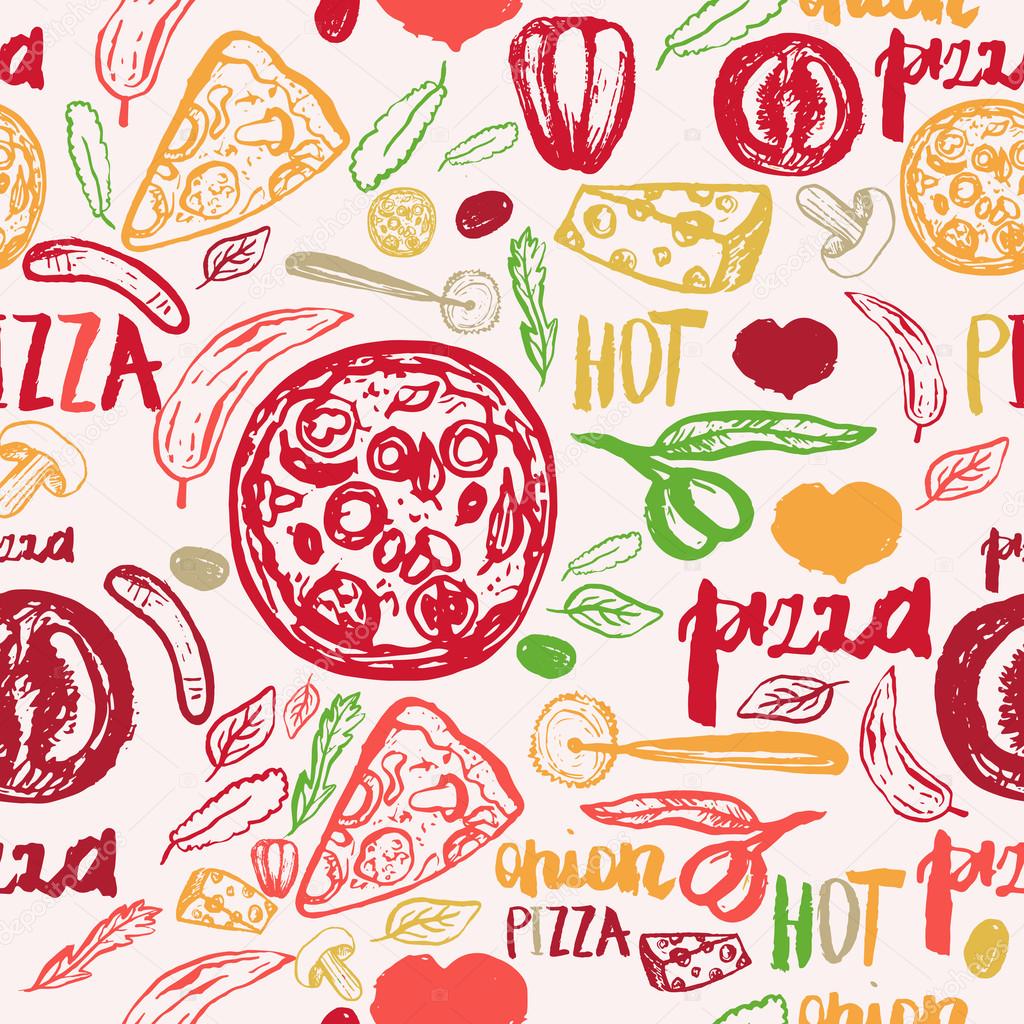 Pizza hand drawn seamless pattern with olives, words, tomatoes and slices for banners, wrapping paper.