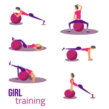 Set of cute cartoon girl excercising with fit ball for sport posters.
