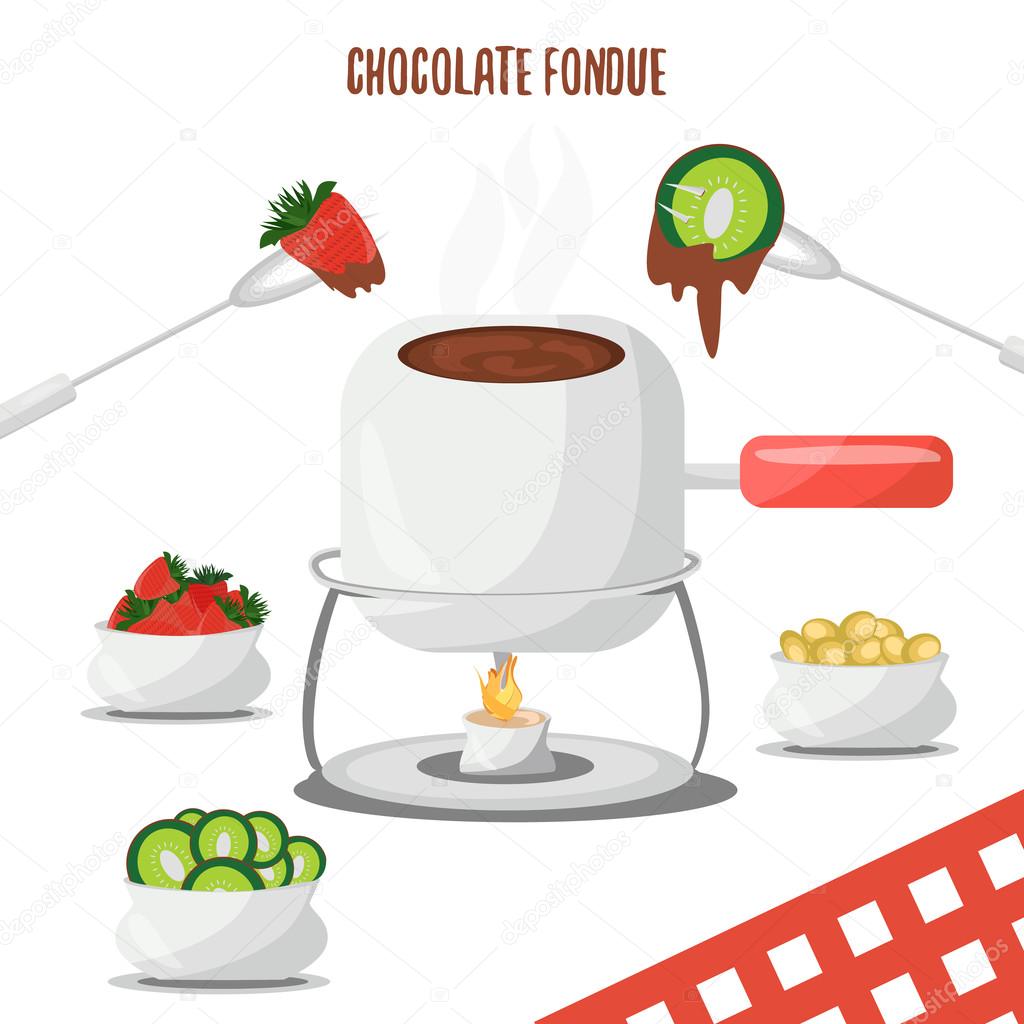 Chocolate Fondue Strawberry, Kiwi and Grapes . Romantic evening. swiss food. Vector illustration