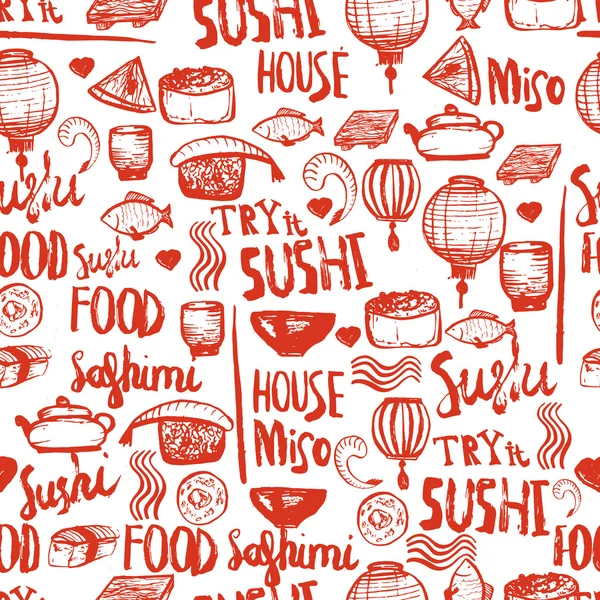 Sushi japonês comida sem costura fundo. Ilustração desenhada à mão sobre fundo branco. Pode ser usado para menu, banners, convites . —  Vetores de Stock