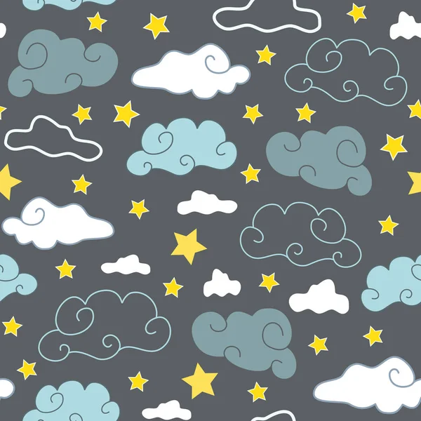 Cielo Gris Azul con Nubes Blancas y Estrellas sin costuras de fondo — Vector de stock