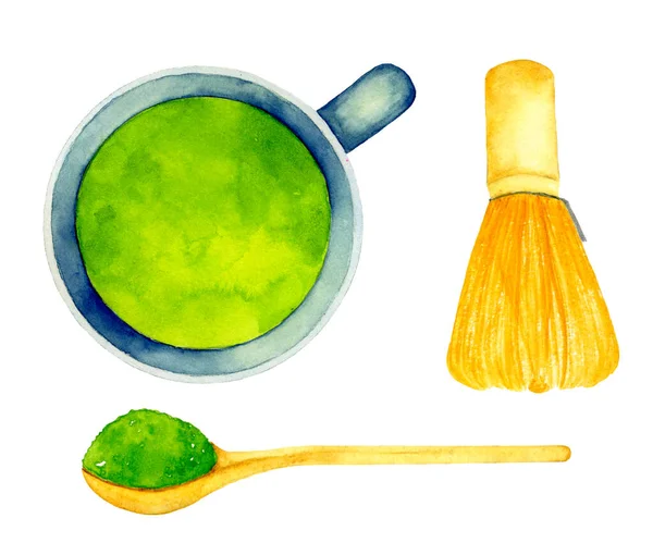 Green Matcha Tea Cup Whisk Spoon Азіатський Продукт Здорового Способу — стокове фото
