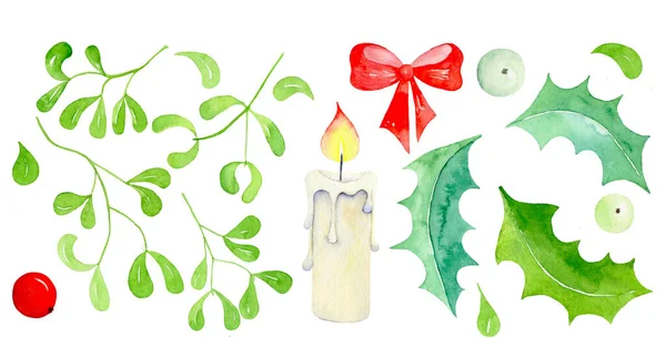 Set Watercolor Christmas Mistletoe Red Bow Holly Berries Candle Terisolasi — Stok Foto