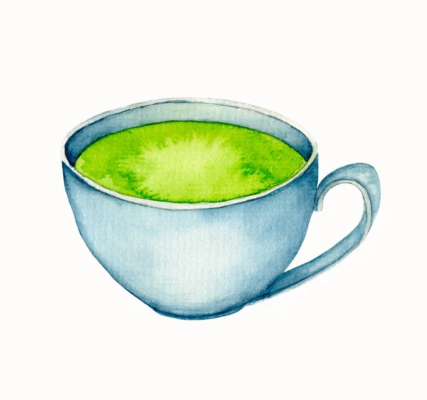 抹茶ラテミルク緑茶白を基調とした水彩画 手描きイラスト デザイン パーティー招待状 グリーティングカード 包装紙 ブログ メニュー レシピ ラベル — ストック写真