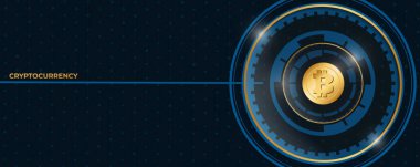 Bitcoin bayrağı. Altın bitcoin dijital para birimi, Kripto para, fütüristik dijital para, teknoloji dünya çapında ağ konsepti, vektör bayrağı.