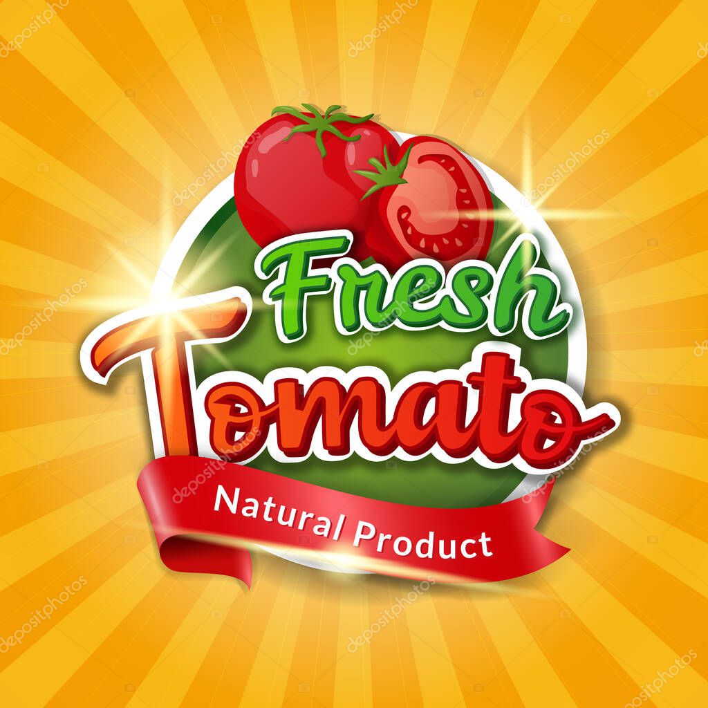 Fresh tomato logo, label, badge or sticker. Fresh natural tomato for market, packing, or business. Vector illustration.