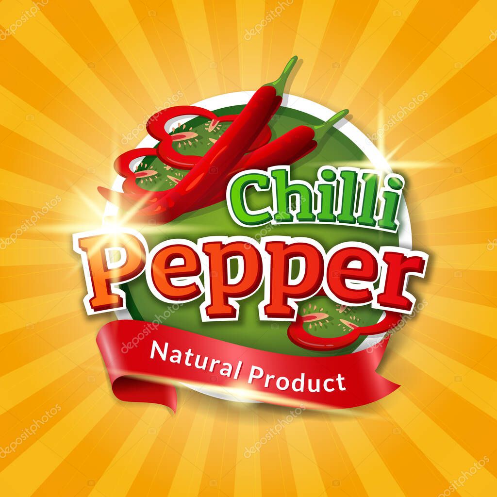 Chilli pepper logo, label, badge or sticker. Fresh natural chilli for market, packing, or business. Vector illustration.
