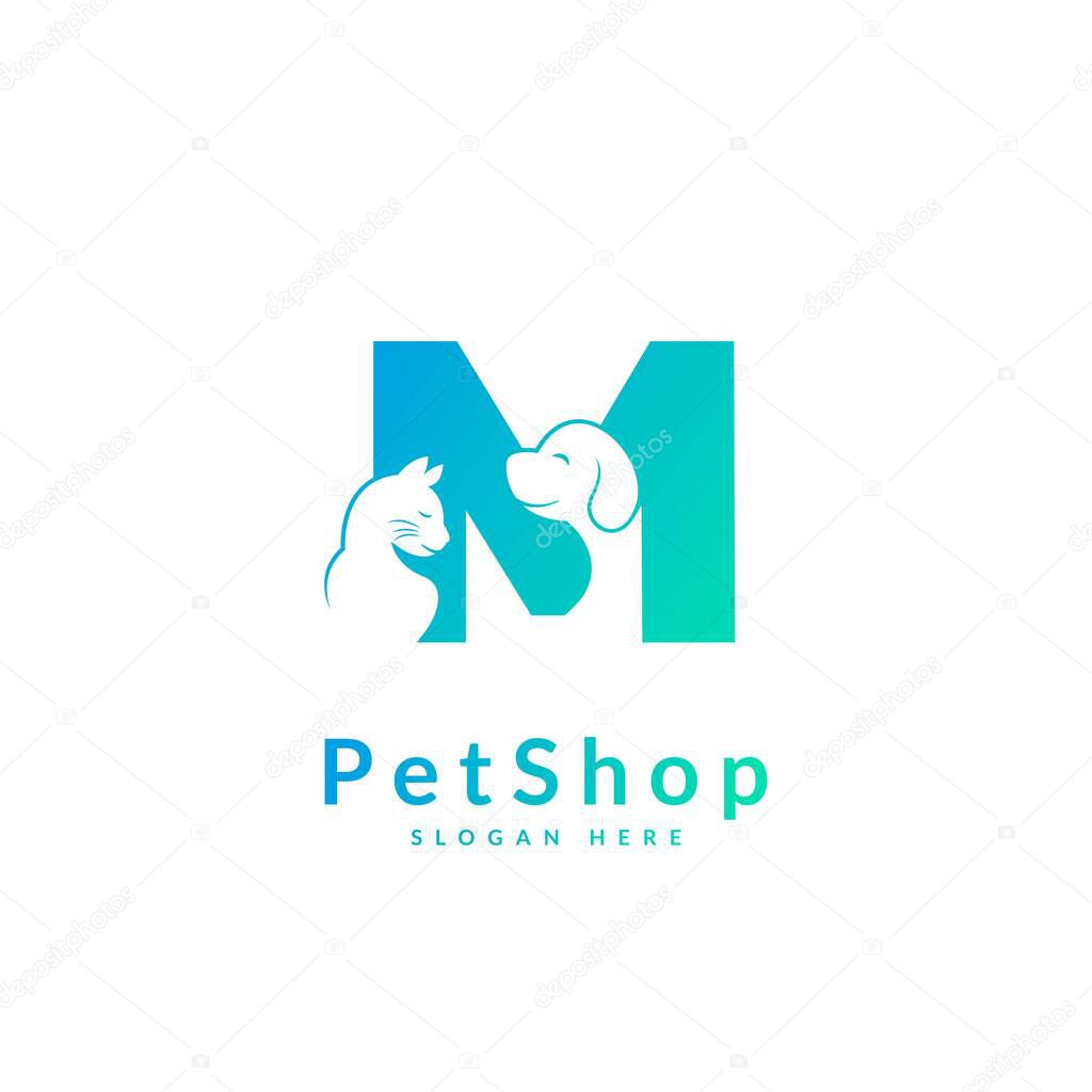 Initial letter M. Pet logo design template. Modern animal icon for store, veterinary clinic, business service. Logo with cat and dog concept.