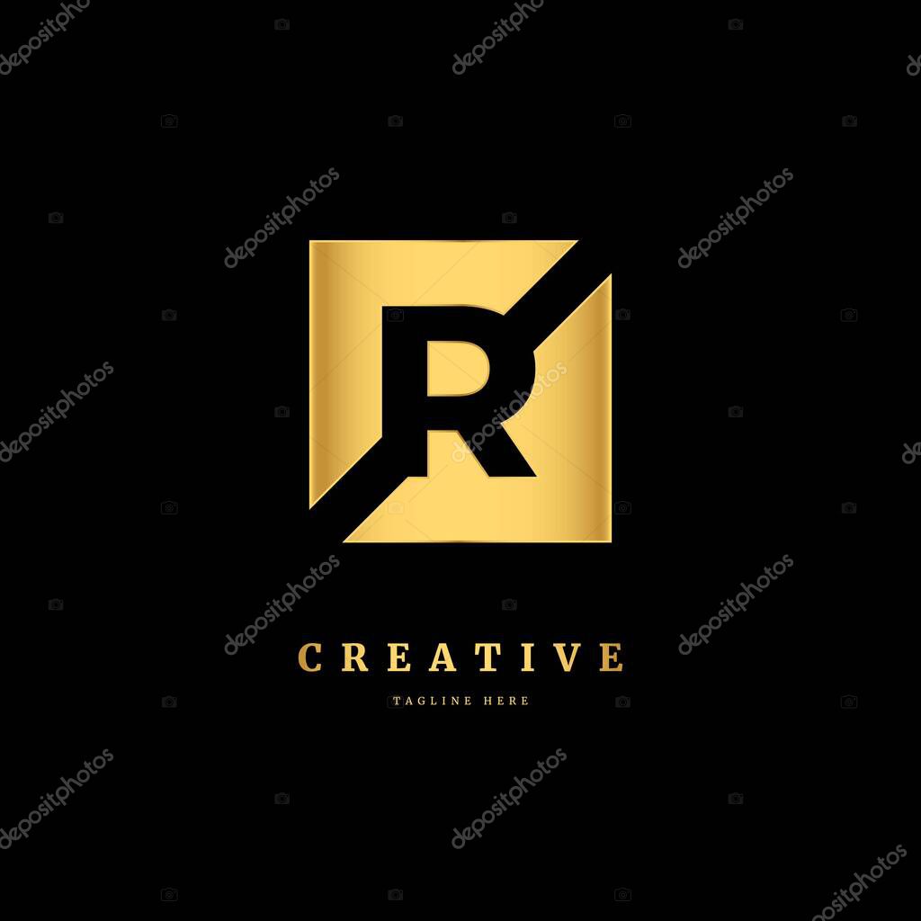 R logo. Initial letter R with gold color. Luxury slice logo design concept, fit for company and business.