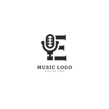 Baş harf E. Müzik mikrofon logosu. Şık müzik logosu iş ve müzik etkinliği için uygun. Vektör logosu tasarımı.
