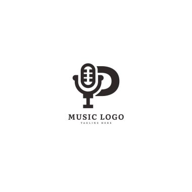 Baş harf P. Müzik mikrofon logosu. Şık müzik logosu iş ve müzik etkinliği için uygun. Vektör logosu tasarımı.