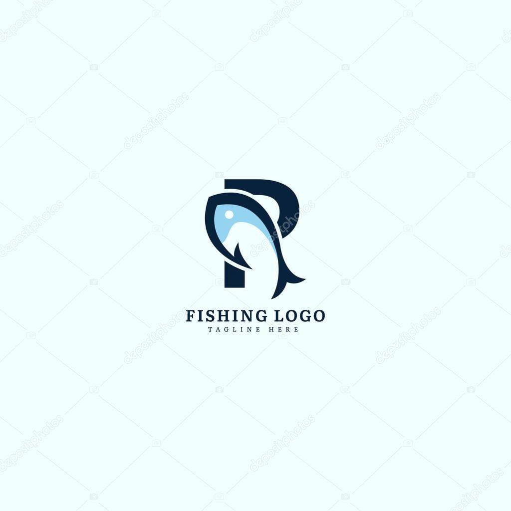 Initial letter R logotype. Minimalist fish logo concept, fit for fishing, seafood restaurant, packaging or ocean traveling. Illustration vector logo.
