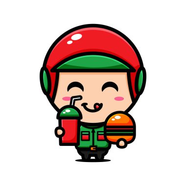 Sevimli kurye karakter tasarımı temalı lezzetli hamburger menüsü