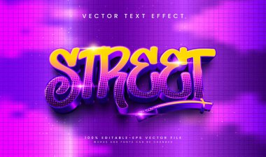 Düzenlenebilir 3D sokak tarzı metin efekti. Mor ve sarı grafiti harfleri. Vektör dosyası.