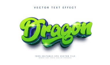Düzenlenebilir 3B vektör metin efekti canlı yeşil ve mavi ile biçimlendirilmiş bir 'Dragon' gösterir.