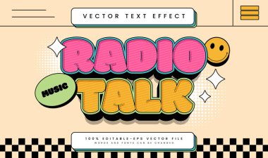 Radyo Talk Düzenlenebilir Metin Efekti. Retro Groovy Çizgi Film Tarzı. Müzik Etkinliği Partisi