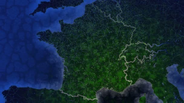Franciaország térképe. Kilátás az űrből. Csillogó városok és falvak. Egy ökológiailag gyönyörű világ. — Stock videók