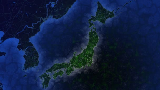 Mapa Japonska. Pohled z vesmíru. Třpytivá města a vesnice. Ekologicky krásný svět. — Stock video