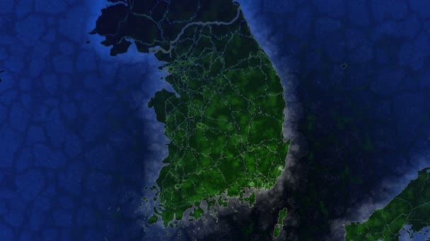 Güney Kore haritası. Uzaydan bak. Parlayan şehirler ve köyler. Ekolojik olarak güzel bir dünya. — Stok video