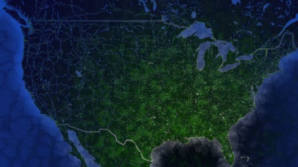 Mapa de los Estados Unidos. Vista desde el espacio. Ciudades y pueblos brillantes. Un mundo ecológicamente hermoso. — Vídeos de Stock