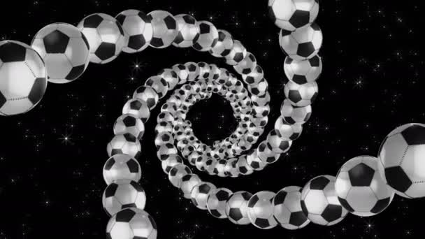 Football balls. Soccer balls. Spinning many balls. Spiral motion in the tunnel. — Stock Video