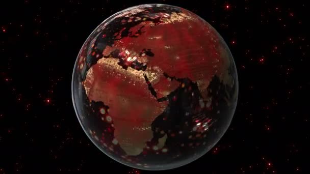 Ziemia 3D. Animacja wirtualnego globu z lśniącymi złotymi cząstkami i metalicznym połyskiem. Piękna abstrakcja. — Wideo stockowe