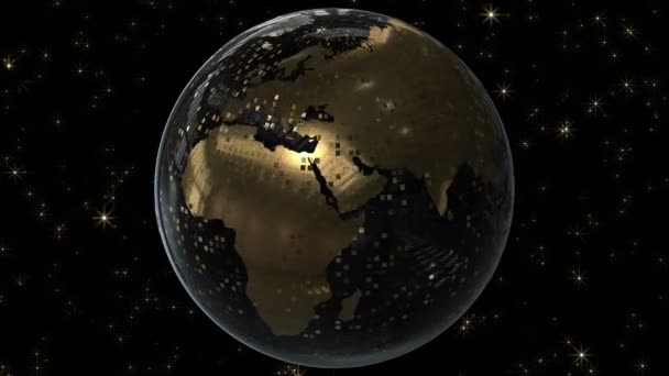 Tierra 3D dorada. Animación de un globo virtual con píxeles dorados y brillo dorado. Hermosa abstracción. — Vídeos de Stock