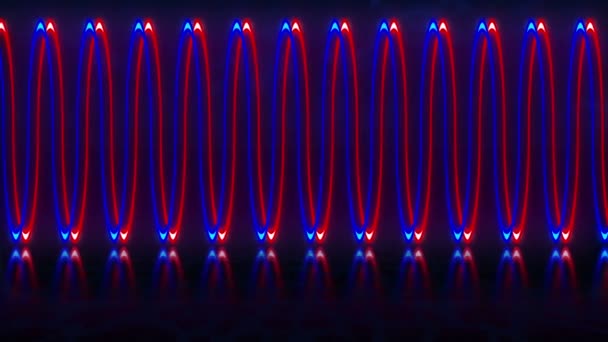 Spiral. Red and blue. Abstract animation of neon, glowing tubes, lasers and lines spiraling forward in a dark tunnel with reflection. — Stock Video