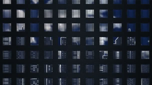 Background with motion tile from standard windows with spros and a reflection of the modern city in them. Upward movement of the camera. Abstraction for a concert or themed background. — Stock Video