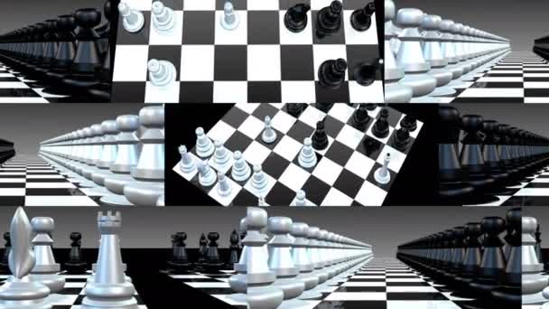 Sakk. Kollázs 3D animációval egy sakktáblán különböző szögekből. — Stock videók