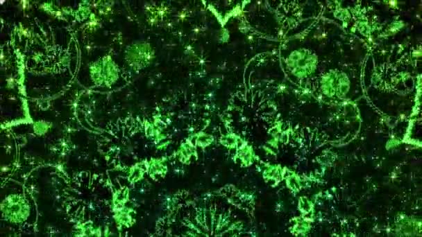 Фон с зелеными цветочными орнаментами. Динамический абстрактный фон с мерцающими частицами и звездами. — стоковое видео