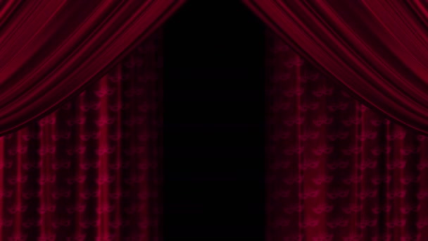Bakom scenen med ett mönster av teatermask på tyget. Röd vinröd svajande duk. Öppnande av gardiner, vingar. Isolera dig. Transparent bakgrund. Alfakanal. — Stockvideo
