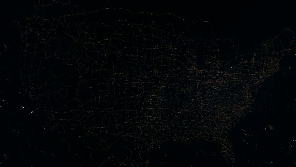 Mapa de USA. Manifestación matutina de luces de ciudad. Vista nocturna desde el espacio. — Vídeos de Stock