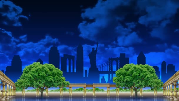콘서트 배경에는 황금색 콜로니데와 뉴욕 랜드마크를 배경으로 나무들이 깔려 있습니다. 공연을 위한 도시 환경의 애니메이션. — 비디오