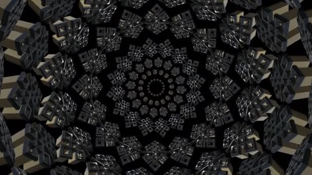 Skandinávský vzor. 3D tvary rozmístěné v kruzích. Zlato a stříbro. Pomalu plujte od středu. 3D kaleidoskop. — Stock video