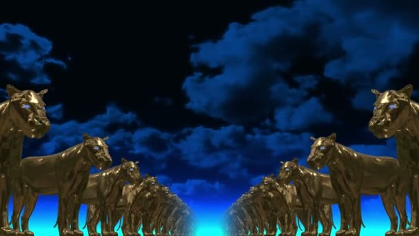 Leoni d'oro. 3D. Sculture in fila in prospettiva contro un cielo blu. — Video Stock