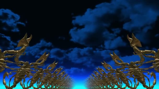 Scorpioni d'oro. 3D. Sculture in fila in prospettiva contro un cielo blu. — Video Stock