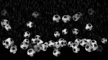 Futbol topları. Düşen ve yerden seken nesnelerin yağmuru. Soyut bir fenomenin canlandırması.