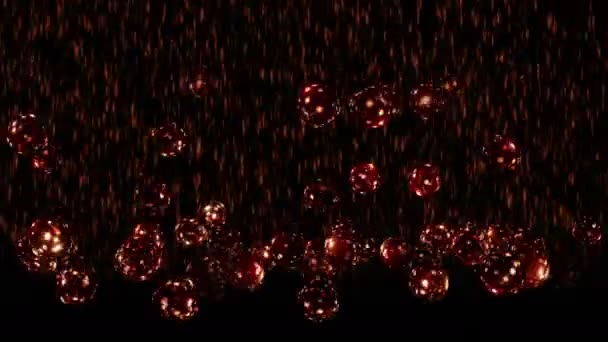 Des boules de feu scintillantes. Pluie d'objets qui tombent et rebondissent sur le sol. Animation d'un phénomène abstrait. — Video