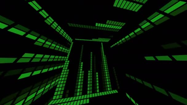 Green equalizer in a cube. 3D abstraction of a room from animated walls. Spinning hyper-perspective. — Stock Video