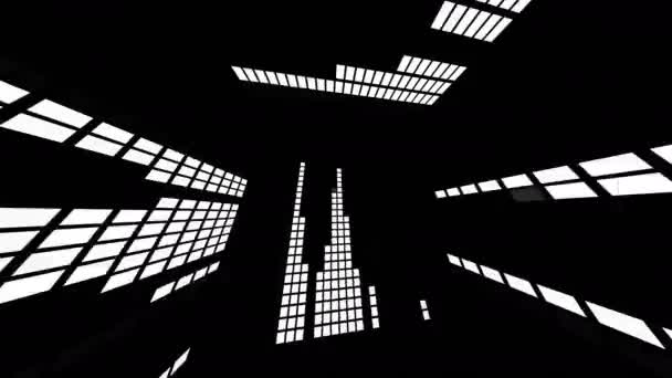 Черно-белый эквалайзер. 3D абстракция комнаты из анимированных стен. Спиннинг-гиперперспектива. — стоковое видео
