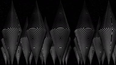 Çürük çizgili külah külahları. Konser arkaplanı. Soyut bir sahnenin üç boyutlu objeleri. Canlı yüzey konileri.