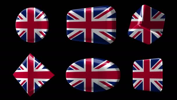 Sign - Great Britain. 6 flags, buttons, dies. Animation in the style of glass or metal icons of different shapes with flags. Circle, rectangle, cube, rhombus, ellipse, square. Alpha channel. — Stock Video