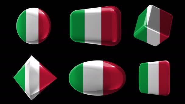 Sign - Italy. 6 flags, buttons, dies. Animation in the style of glass or metal icons of different shapes with flags. Circle, rectangle, cube, rhombus, ellipse, square. Alpha channel. — Stock Video