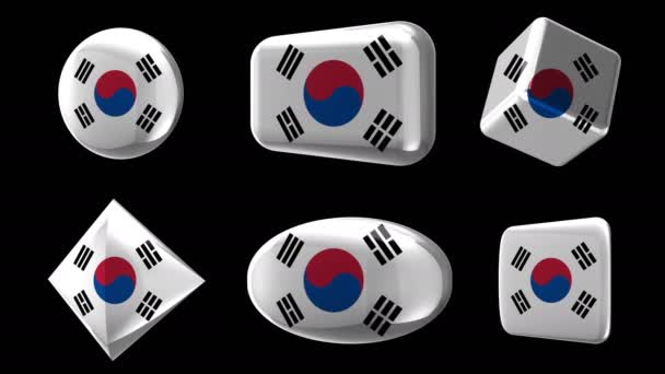 Teken - Zuid-Korea. Zes vlaggen, knopen, sterft. Animatie in de stijl van glas of metalen iconen van verschillende vormen met vlaggen. Cirkel, rechthoek, kubus, ruit, ellips, vierkant. Alfa kanaal. — Stockvideo