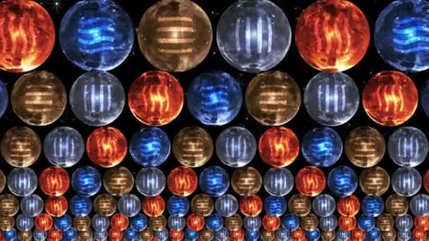 Des éléments. Feu, terre, eau, air. Multigrammes volants des éléments en boules de verre colorées stylisées. En perspective. Art vidéo pour spectacles et concerts, clips et musique. — Video