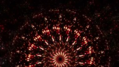 Altın parıldayan parçacıklardan oluşan bir kaleydoskop. Dairesel soyut animasyon. Konser sahnesi ya da video içeriği için.